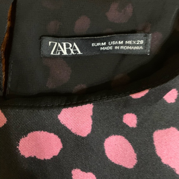 Zara Size Medium Black With Pink Polka Dots Printed Long Sleeve Midi Dress - Picture 11 of 13